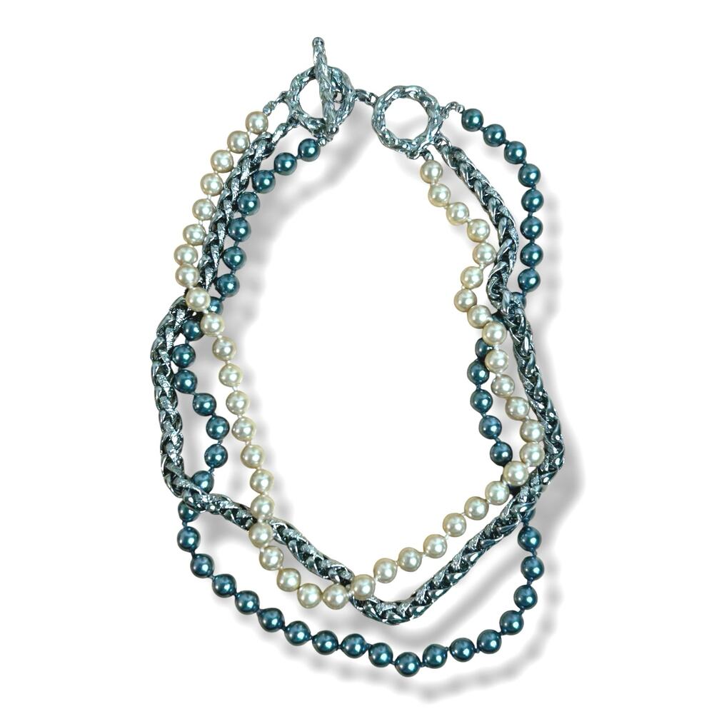 Layered Silver Tone Faux Pearls Triple Strand Large Toggle Clasp Necklace